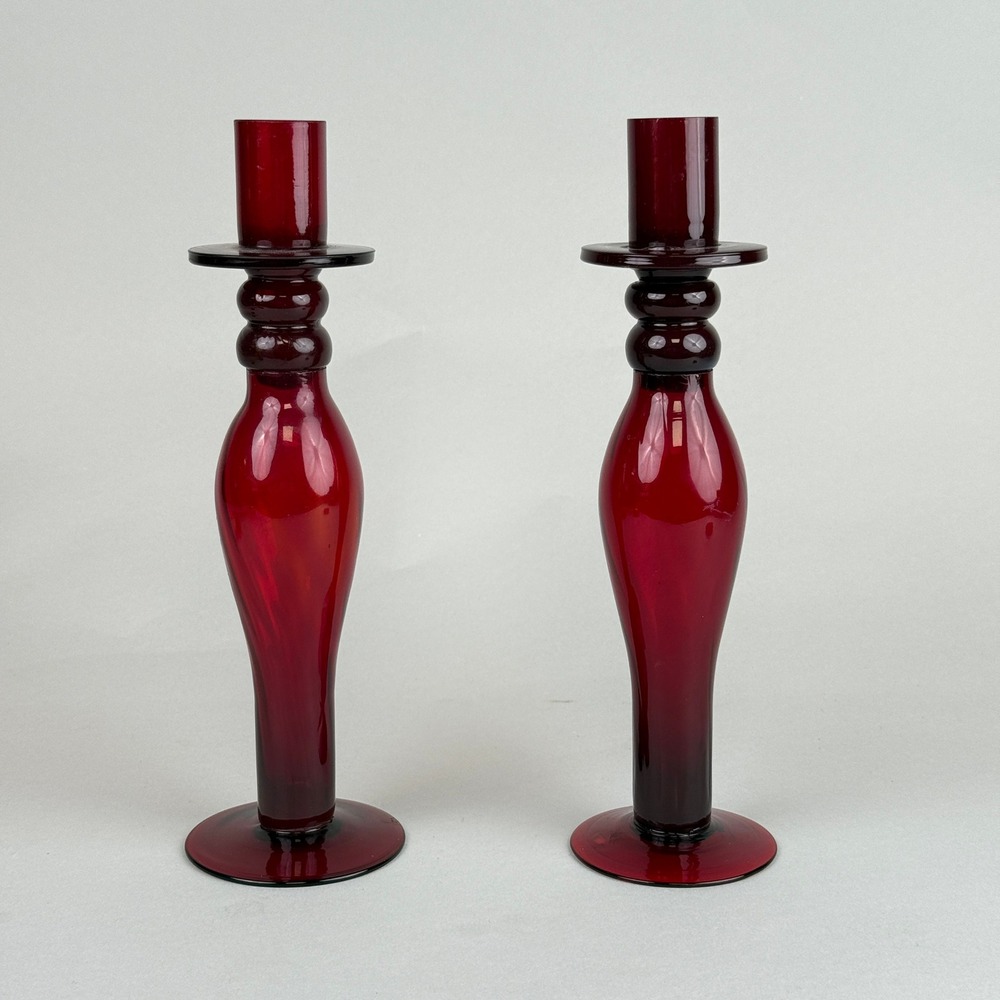 Vintage Red Ruby Glass Candlestick Holders 10.5" Tall